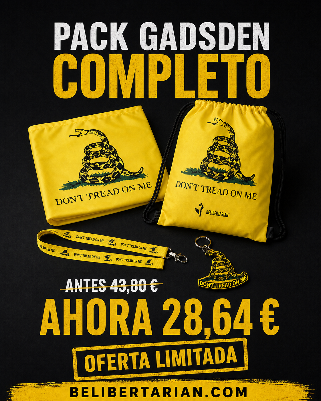Pack Gadsden completo con bandera, mochila, lanyard y llavero en oferta por 28,64 euros