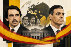Ilustración editorial sobre la política exterior española de Aznar a Sánchez