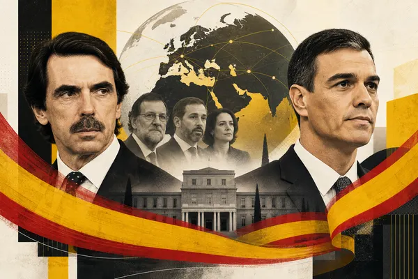 Ilustración editorial sobre la política exterior española de Aznar a Sánchez